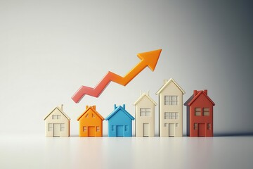 Minimalist 3D Scene Depicting Real Estate Investment Growth with Rising Arrow and House Icons