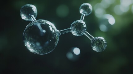 High resolution close-up, two transparent serum molecules suspended in the air, surrounded by soft light, with a deep green background, minimalist composition, exquisite reflection and glass texture.