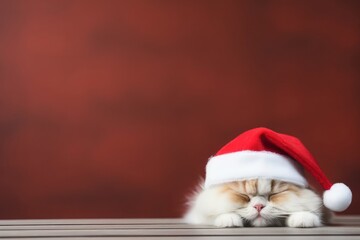 Close up portrait of red Persian cat in Santa Claus hat sleeping on wooden table