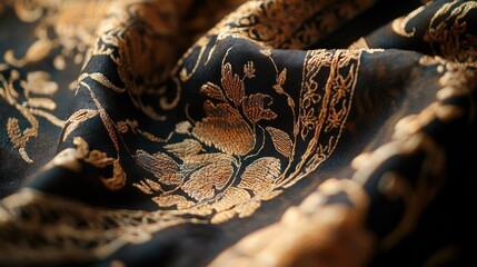 Close-up of Black Fabric with Golden Floral Embroidered Design