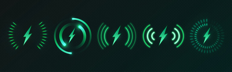 Naklejka premium Neon green wireless charging icons set on dark background. Glowing symbols with lightning bolts and different circle pictograms. Mobile battery charger tech application indicators interface design.