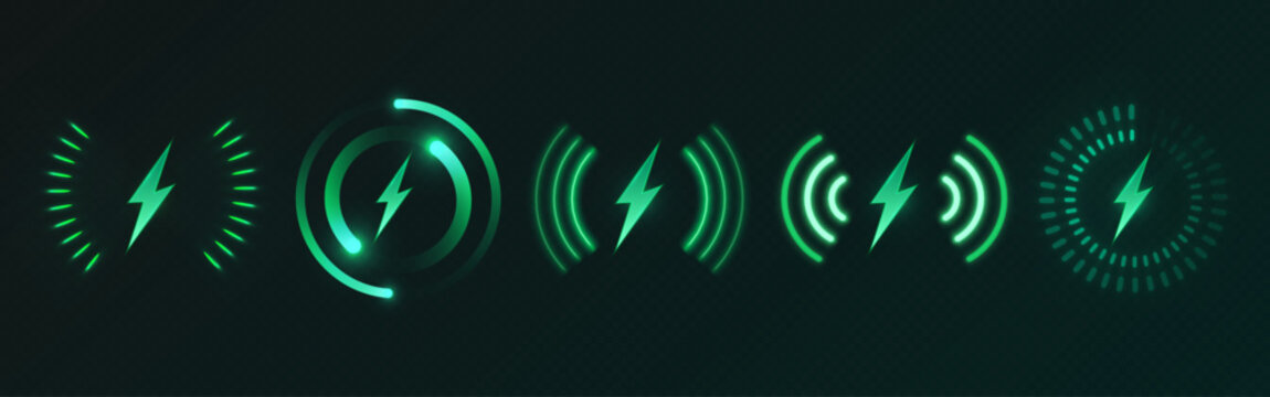 Neon green wireless charging icons set on dark background. Glowing symbols with lightning bolts and different circle pictograms. Mobile battery charger tech application indicators interface design.