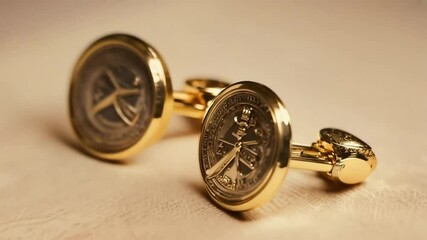 A pair of gold-colored cufflinks featuring intricate designs and symbols. - Powered by Adobe