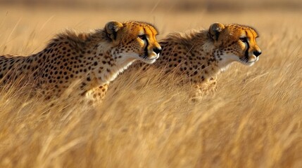 Fototapeta premium Two cheetahs navigate tall grass in the African savanna, displaying their agility and keen focus while hunting for prey under the bright sun