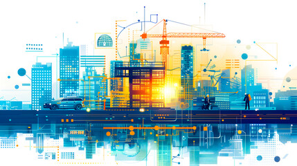 Obraz premium Illustration digital building construction engineering with double exposure graphic design. Building engineers, architect people, or construction workers working