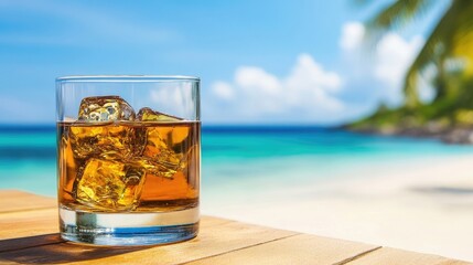 Whiskey on the rocks rests in a glass on a wooden table, set against a beach background. This whiskey photo evokes summer vacation and relaxation, perfect for drink-centric themes.