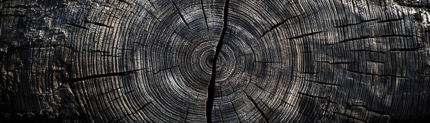 Fototapeta premium A Close-Up View of the Center of a Charred Tree Trunk, Showing Growth Rings and Cracks