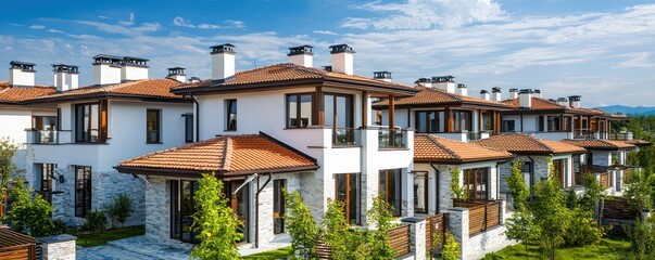 Coastal architecture photo of Bulgarian townhouses with cream roofs.