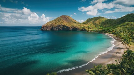 Fototapeta premium a tropical island featuring a central volcano, with sandy beaches and crystal-clear waters. Highlight the biodiversity of the island, including palm trees and exotic wildlife.