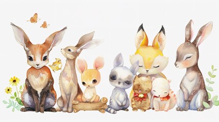 Cute Animals Family Watercolor Clipart. Generative AI

