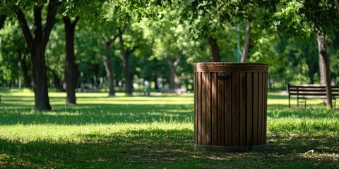 Wooden Trash Container in Park for Seasonal Summer Waste Disposal and Cleanup Efforts. A wooden trash bin is provided in the park for summer cleanup and waste management.
