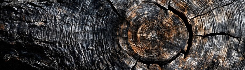 Fototapeta premium Close-up of a charred tree trunk with visible growth rings and cracks