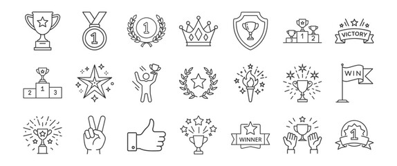 Victory, achievement line icon set. Vector pictograms of trophy, first place medal, celebration, laurel wreath, crown, and winner podium thin linear illustration.