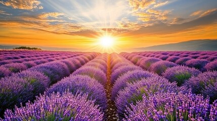 Obraz premium Lavender Field Sunset, Golden Rays, Purple Flowers, Beautiful Nature, Landscape Photography, Breathtaking Scenery, Idyllic View, Calm Sunset, Peaceful Atmosphere, Serene Nature, Beautiful Sunset, 