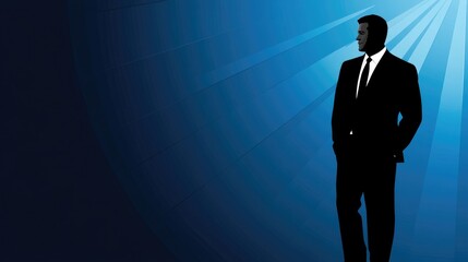Fototapeta premium Man in Suit Standing Against Blue Background, Looking Forward with Hope and Determination