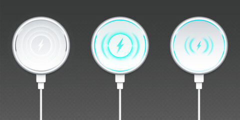 Wireless smartphone battery charger with fast sign icon. Phone power charge with energy pad device mockup on cable. 3d magnet gadget accessory concept top view. Electricity voltage dock isolated © klyaksun