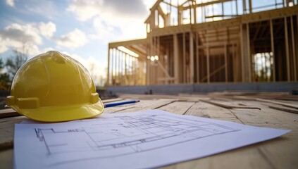 Construction Site Blueprint with Helmet