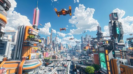 Naklejka premium a vibrant digital artwork of a sprawling futuristic city, featuring towering skyscrapers, flying vehicles, and neon lights. Incorporate elements of advanced technology and urban life.