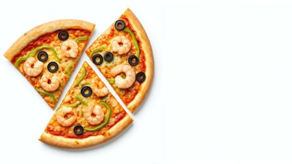 Sliced shrimp and olive pizza on a white background.