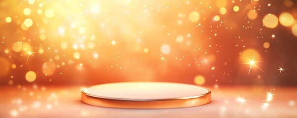 Obraz premium A light orange podium with soft mist in shades of yellow, pink, and red, dotted with tiny stars in a warm galaxy style, orange podium, mist