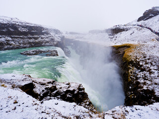 Gullfoss, Golden Waterfall in winter . The waterfall is also known as the Golden Falls. Iceland.