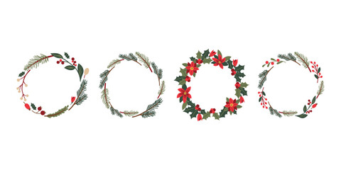 Set of Christmas wreath of holly with red berries. Green leaf with a greeting Merry Christmas. New Year holiday celebration in December. Hand drawn cozy winter elements isolate on white.