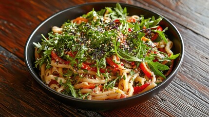 Bowl of pasta salad filled with vibrant arugula, pepper rocket, and microgreens, elegantly arranged against a rustic wooden background, offers an inviting photo style with ample copy space.