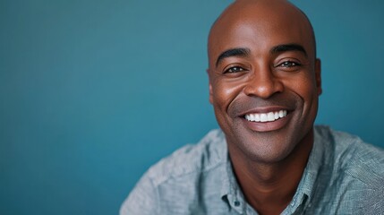 Fototapeta premium A vibrant studio portrait of a Black man with a bright smile, showcasing his personality and warmth