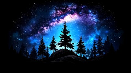Night Sky with Milky Way Galaxy Over Silhouetted Pine Trees