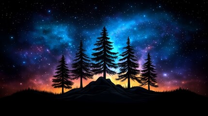Fototapeta premium Silhouette of Pine Trees Against a Starry Night Sky