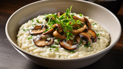 Classic mushroom risotto with fresh herbs on dark background