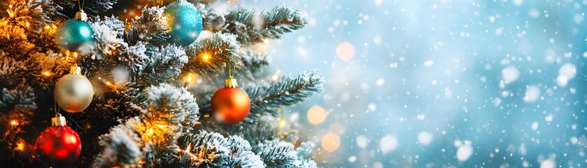 A Close-up of a Snowy Christmas Tree with Ornaments and Lights