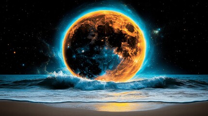 Obraz premium Cosmic Moonrise Over Ocean Waves Starry Sky Abstract Art Fantasy Landscape