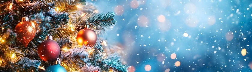 Decorated Christmas Tree Branch with Snow and Lights