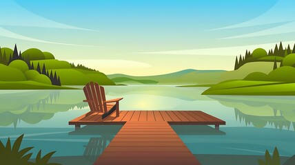 Wooden Chair on a Dock Overlooking a Tranquil Lake