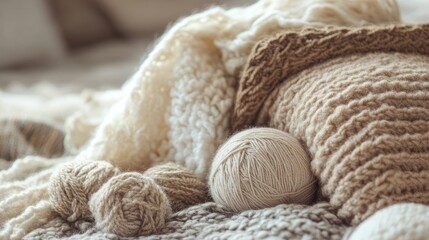 Close-up image capturing wooly items in soft, muted tones, emphasizing the texture and warmth of these wooly materials. Ideal for backgrounds, with ample copy space included.