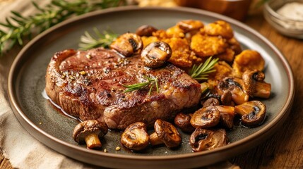 Rump steak placed on a plate, accompanied by deliciously fried mushrooms, creates an enticing meal scene with a pleasing presentation. Ideal for use, with ample copy space.