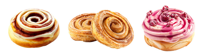 Fototapeta premium Cinnamon roll topped with smooth raspberry, vanilla and chocolate icing, making it perfect for dessert or breakfast, isolated on white transparent background.