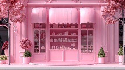 A pink themed e-commerce display, with a low pink circular display stand in front, equipped with decorative elements. The background displays a multi pane pink window