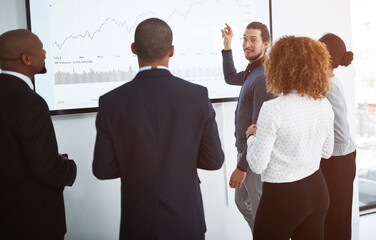 Presentation, people and screen in office for business, annual report or company finance growth....