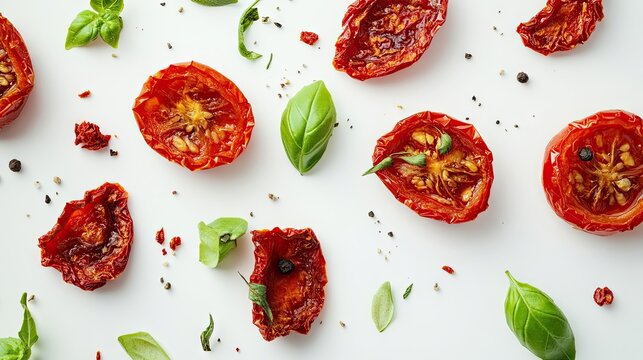 Sundried tomatoes presented in an isolated setting on a white background, emphasizing the vibrant colors and textures of sundried tomatoes, ideal for culinary visuals.