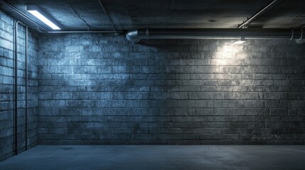 Industrial cinder block wall background in a basement emphasizes concrete masonry construction. The image highlights the robust texture and style of industrial design with ample copy space.