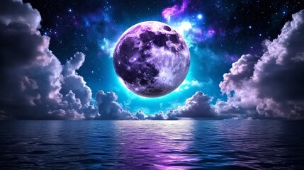 Full Moon Over Ocean with Purple Glow and Stars Night Sky Fantasy Background