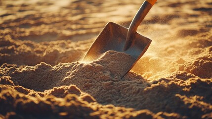 A shovel is actively working in the sand, collecting sand and piling it into a trailer, with ample space for text and design in the photo.