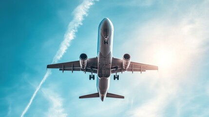 Obraz premium A low-angle shot of a commercial airplane flying high through a bright, clear sky, with crisp white contrails trailing behind, enhancing the sense of scale and realism, taken in midday sunlight