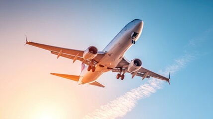 Fototapeta premium A low-angle shot of a commercial airplane flying high through a bright, clear sky, with crisp white contrails trailing behind, enhancing the sense of scale and realism, taken in midday sunlight