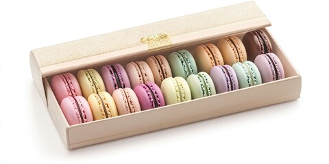 A variety of colorful pastel macarons are beautifully presented in an elegant gift box, making for a delightful treat or gift choice.
