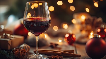 A glass of red wine exudes a festive mood, complemented by twinkling Christmas lights and aromatic cinnamon sticks, creating a warm and inviting atmosphere for celebrations.