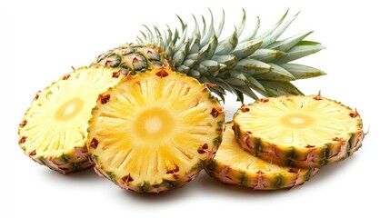 Fototapeta premium Overhead view of sliced pineapple fruits on a clean white background, emphasizing the vibrant colors and textures of pineapple in a visually appealing composition, with ample copy space.