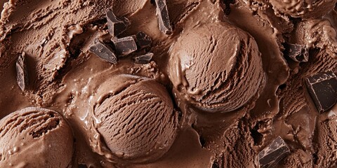 A close up view features rich, indulgent chocolate ice cream filled with delicious chunks of chocolate throughout.